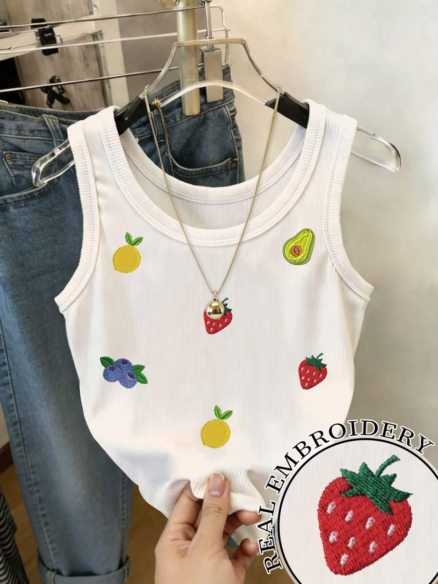 Resyla Tank Top Tanpa Lengan Bordir Motif Buah Stroberi, Blueberry, Lemon, dan Alpukat untuk Wanita - Putih - View 1