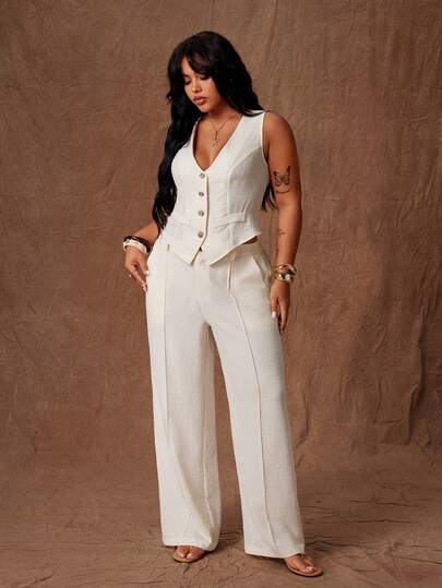 Rustia Plus Size Women's 2-Piece Vintage Spring/Summer Comfortable French V-Neck Collegiate Romantic High-End Vest Suit Set: Cinched Vest + High-Waisted Elastic Waist Wide Leg Pants, Suitable For Daily Outings, Back To School Season, Back To School Parties, Office Attire, Suit Set, Suitable For Spring And Summer