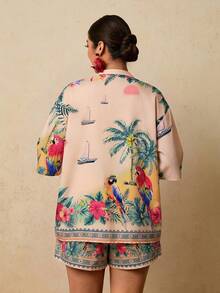 Travachic Große Größen Set aus Tropical Muster Hemd und Shorts, Strandurlaub - Korallenrosa - Übersicht 2