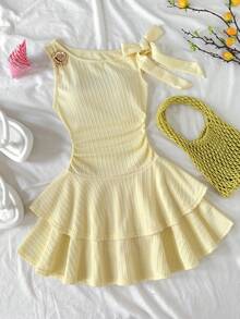SHEIN Elegant Solid Yellow Textured Fabric Asymmetric Shoulder Bowknot Decor Double-Layer A-Line Dress, Suitable For Beach Vacation Teen Girl Clothes Dress Girls Dress Cute Dresses For Girls - Yellow - View 2