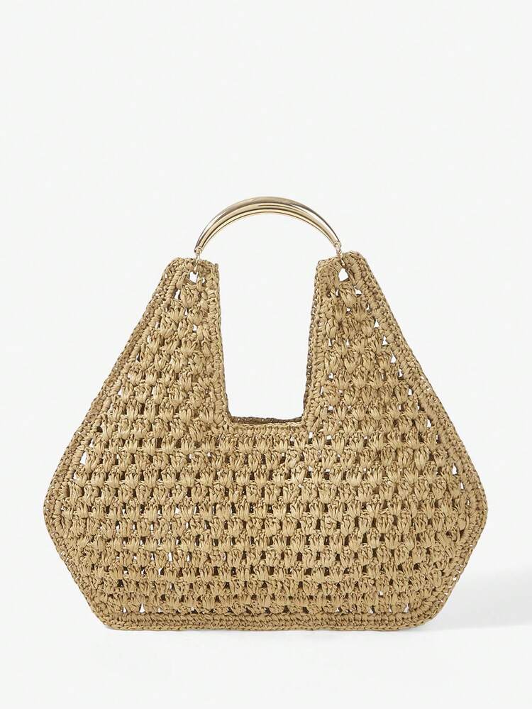 SHEIN Maija Ladies, Women Top Handle Bags, Straw Bag, Straw Woven Bag, Silver Metal Handle, Fashionable, Elegant, Simple, Personalized, Versatile, For Beach, Vacation, Holiday, Summer, Seaside, Beach Party