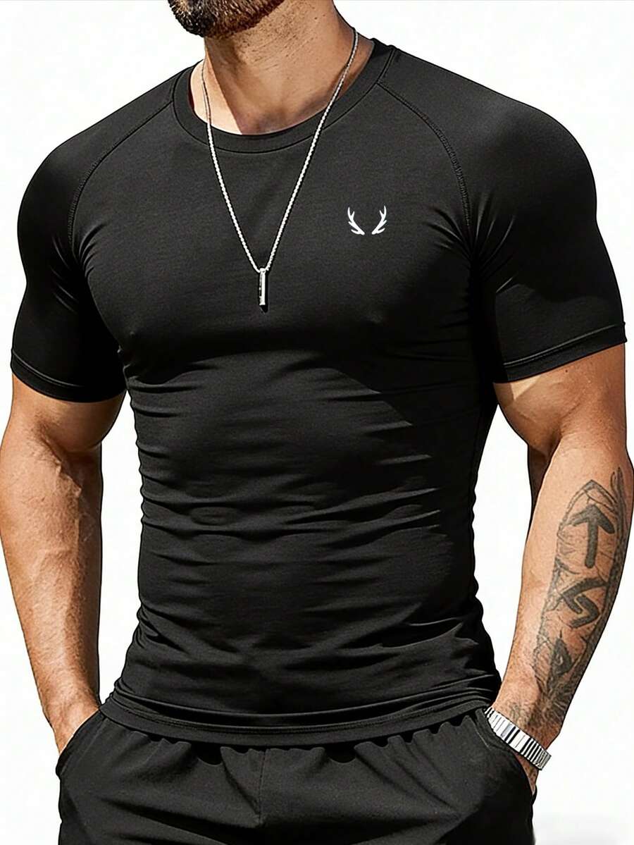 GymBeat 男士修身鹿纹短袖运动T恤 - 黑色 - 查看 1