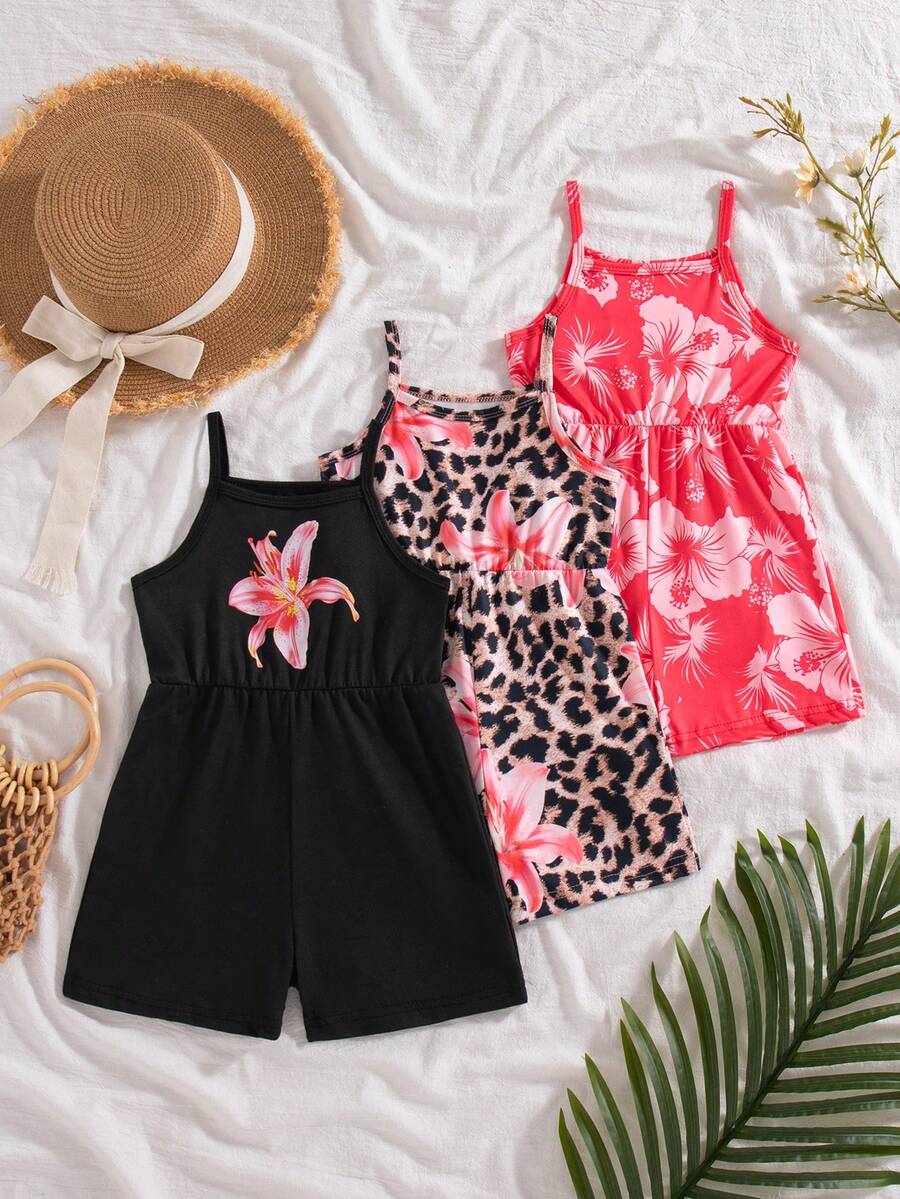 SHEIN Playful Pals 3件套女童夏季新款2025碎花纯色连体衣，简约时尚度假风 - 彩色 - 查看 1