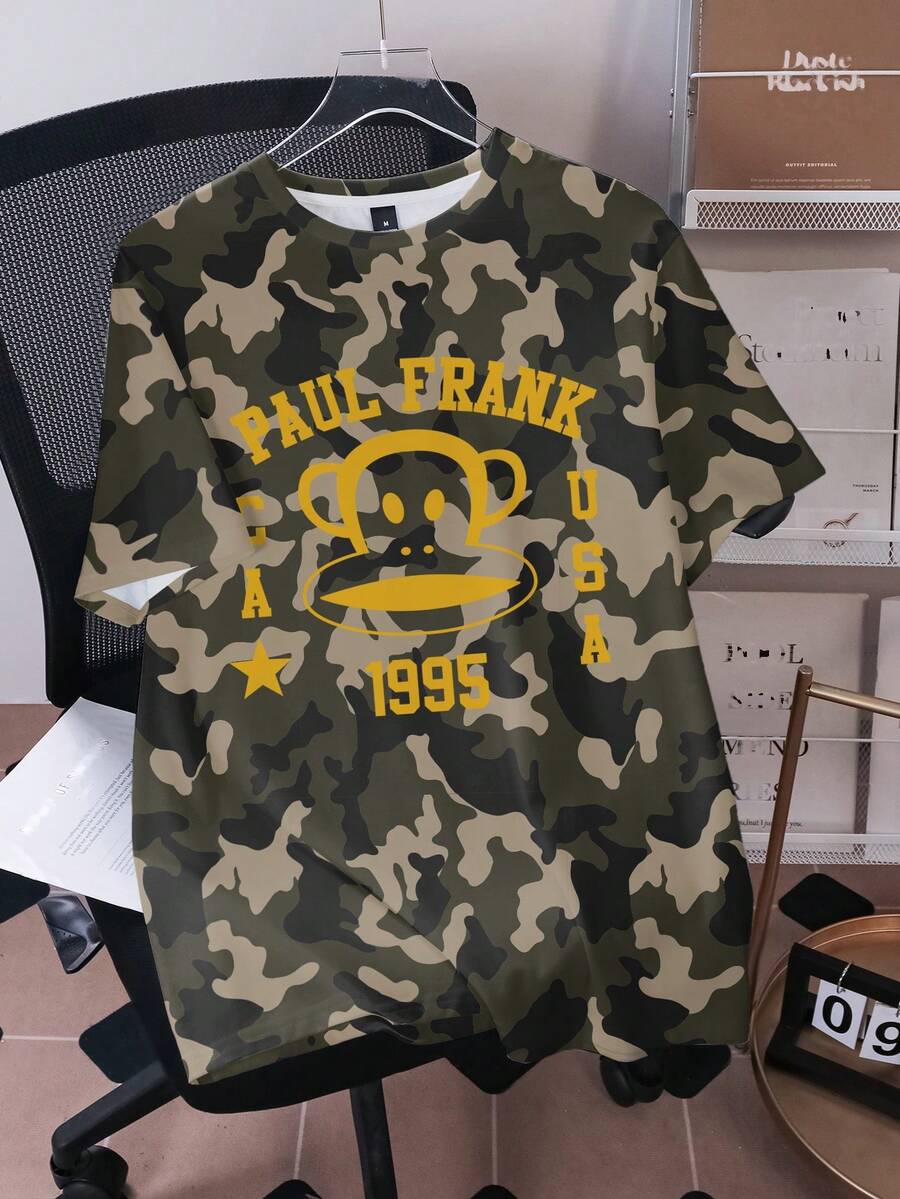 Paul Frank X SHEIN 男士圆领迷彩字母数字印花休闲百搭日常短袖T恤 - 白色 - 查看 1
