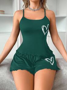 Women's Casual Minimalist Heart Print Camisole And Shorts Pajama Set - Green - View 5