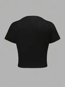 SHEIN Camiseta de punto corta de unicolor con cuello en U, de manga corta, cómoda y elástica, de estilo minimalista básico para niñas preadolescentes, color negro - Negro - Ver 3