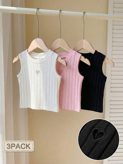 3 Pack Baby Girls Toddler Tween Kids Cute Sweet Style Heart Embroidered Ribbed Knit Sleeveless Tank Tops Cami Shirts Blusas Clothes Outfits Soft Thick Quality Vestidos Essentials For Spring Summer Vacation Easter