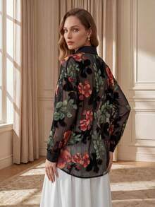 Suri Mira 女士夏季休闲浪漫度假长袖雪纺镂空领黑色衬衫 - 黑色 - 查看 2