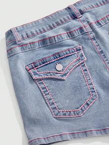 ROMWE Y2K Summer Versatile Streetwear Inspired Pink Accent Line Design High Stretch Fabric Plus Size Women Skinny Denim Mini Shorts - Baby Blue - View 3