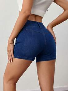 SHEIN Tall Women's Summer Casual High Waist Stretch Denim Shorts Slim Fit Butt Lifting Blue Short Jeans With Notched Hem Perfect For Streetwear & Beach Outfits Women's Casual Everyday Commute High Stretch Slim Fit Denim Shorts - Dark Wash - View 2