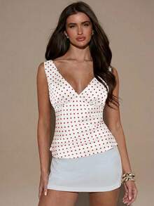 SHEIN BAE Áo hai dây cổ chữ V sâu in họa tiết chấm bi thanh lịch dành cho nữ, thích hợp cho mùa hè. - Đỏ và trắng - Xem 5