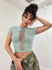SHEIN BAE Enfärgad, sliten, ihålig grunge-stil, åtsittande kakifärgad topp, lämplig för musikfestivaler, konserter, vardagskläder - Mint Grön - Visa 6