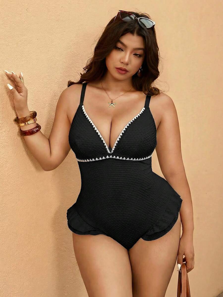 SHEIN Elaquor 大码女式碎花边吊带连体泳衣 - 黑色 - 查看 1