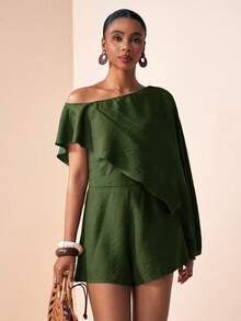 Zivah Elegant Army Green Asymmetrical Shoulder Flowy Jumpsuit Shorts For Summmer Vacation,Music Festival,Date,Wedding Guest,Party,Commute,Casual Streetwear - Army Green - View 6