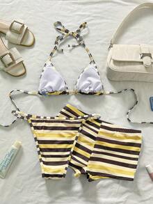Bonvoyette 三件套女士沙滩比基尼，迷你短款条纹印花复古棕蓝色泳装，适合户外约会、沙滩派对、性感穿着、户外婚礼季、情人节、外出、音乐会、派对、夜店、约会、夜生活、度假、海滩装扮、花园婚礼宾客礼服，优雅女士服装，适合约会、秋冬春夏泳装。 - 黃色 - 查看 4