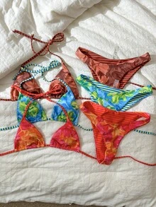 Swim Vcay 女士热带花卉露背系带性感比基尼套装，海滩度假 - 彩色 - 查看 5