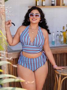 Swim Mod Bộ bikini cạp cao cổ chữ V sâu, dây rút bên hông, họa tiết sọc nhiều màu sắc mới năm 2026, trang phục đi biển gợi cảm. - Nhiều màu - Xem 4