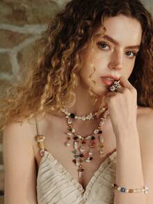 Opalesca Ladies Fashion Necklace, Premium/Elegant/Noble/Everyday/Minimalist, Pearl/Crystal, Summer/Beach/Prom/Party/Vacation/Vacation, Engagement/Wedding/Commitment, Bride, Heart/Floral, Fairy/Mermaid Style (Random Bead Color, Random Stone Shape) - Multicolor - View 5