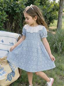 Elladie kids 1件女童蓝色提花织纹面料白色刺绣领泡泡袖开襟束腰休闲度假百搭甜美公主裙，适合上学、生日派对等场合 - 藍色 - 查看 3