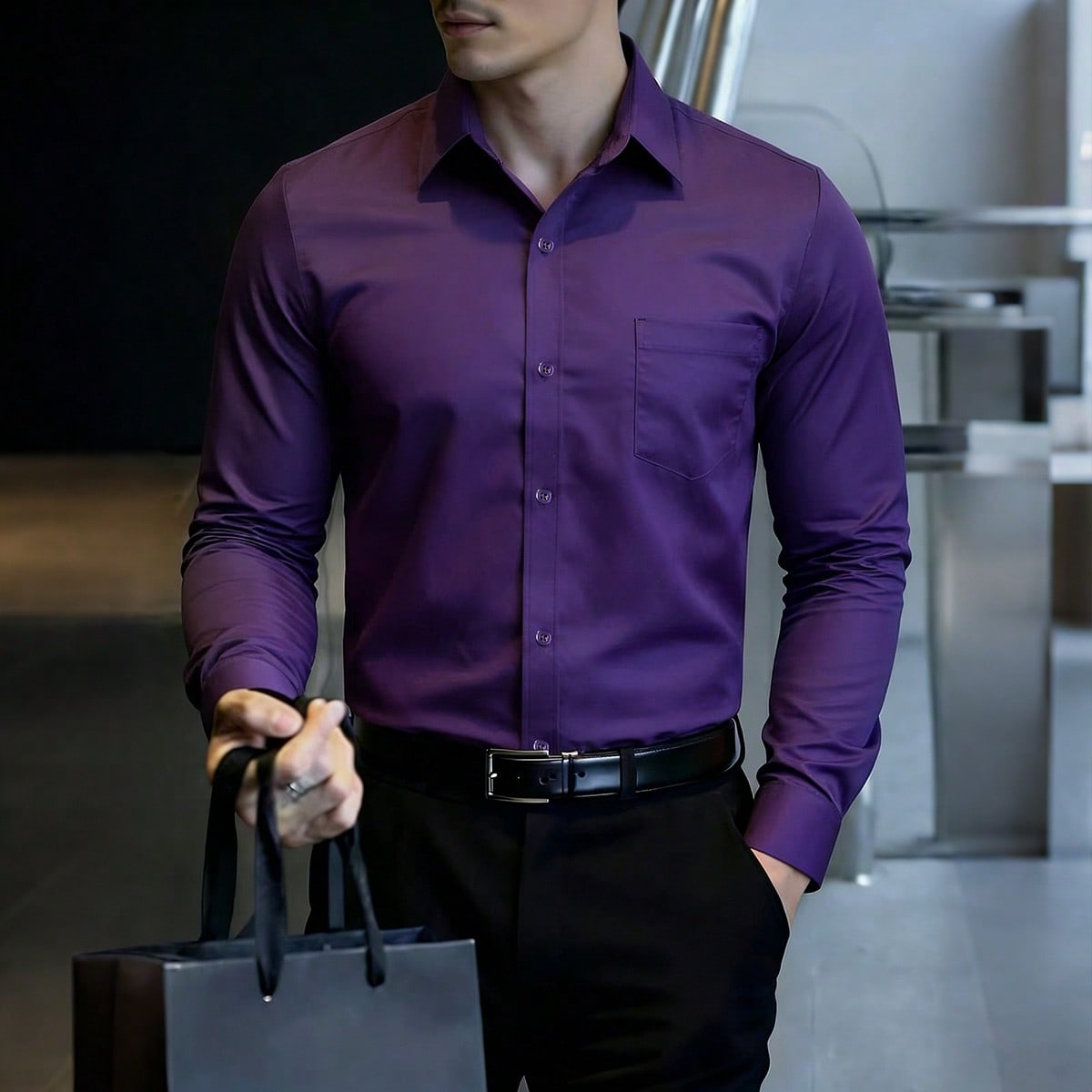 Camisa de manga larga con botones de unicolor casual formal para hombre con bolsillo, para uso diario, para otoño, ceremonia