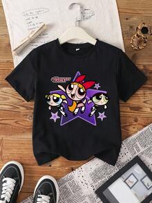 THE POWERPUFF GIRLS X SHEIN Áo thun ngắn tay cổ tròn dáng thường ngày dành cho bé gái tuổi teen - - màu đen - Xem 7