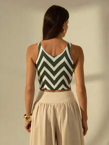 SHEIN Tall 女士休闲V领无袖波浪条纹针织衫，秋冬款 - 綠色 - 查看 3