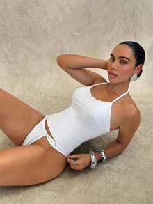 Swim Glamine Women's Summer Beach Solid Color Halter Tie Fashionable Tankini Swimwear Set - White - View 7
