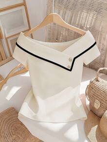 Franclia 女士休闲纯色衬衫，纯色上衣，美拉德印花夏季白色上衣，适合大学生穿着 - 杏色 - 查看 5