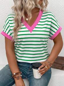 EMERY ROSE Women's Spring/Summer New Arrival Striped & Printed Color Block Design Casual Versatile Plus Size T-Shirt - Multicolor - View 4
