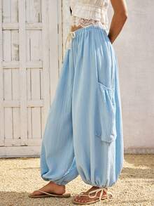 SoleilVie 女士时尚宽松抽绳灯笼裤 - 藍色 - 查看 4