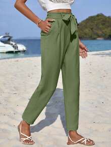 EURMUSE Solid Tie Front Trousers - Mint Green - View 3