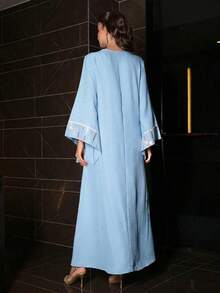 Al Najma Đầm maxi Thổ Nhĩ Kỳ dáng rộng thanh lịch xòe rộng, thích hợp mặc hàng ngày, và áo Abaya truyền thống Ả Rập. - Màu xanh nước - Xem 2