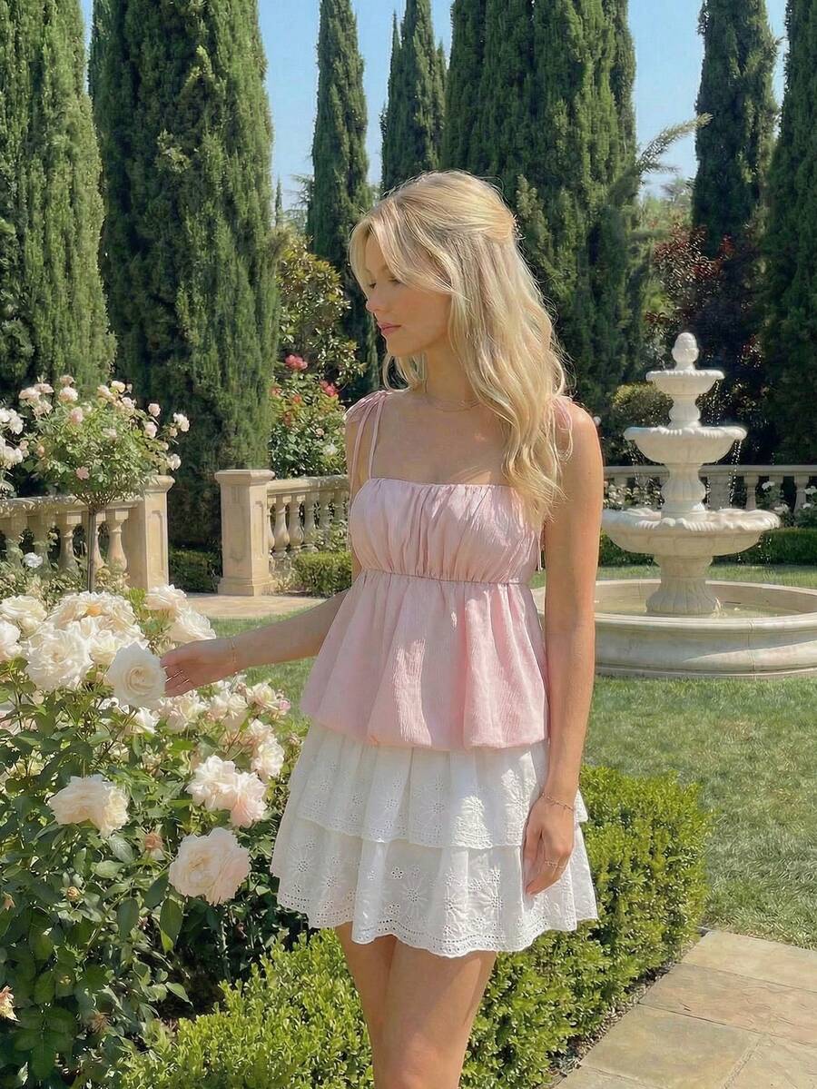 SHEIN MOD Váy xếp tầng hai lớp màu trắng thêu - trắng - Xem 1