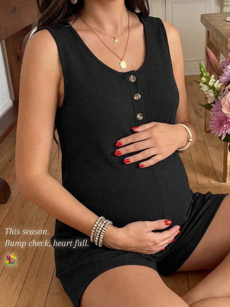 SHEIN 孕妇夏季休闲纯色无袖连体衣 - 黑色 - 查看 1