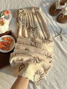SHEIN EZwear Quần ống rộng dáng suông, màu trơn, chất liệu vải nhăn, có dây rút, thích hợp cho kỳ nghỉ hè, cỡ lớn. - Màu be - Xem 3