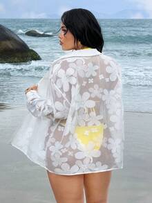 Rustia Áo sơ mi dài tay nữ họa tiết hoa, chất liệu dệt kim móc. - trắng - Xem 2