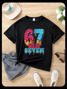 Girls Casual Colorful Sprinkle Digit 67 Letter Graphic Print Basic Short Sleeve T-Shirt, Comfortable Cozy Summer & Fall Styles For Girls Daily Wear - Black - View 3