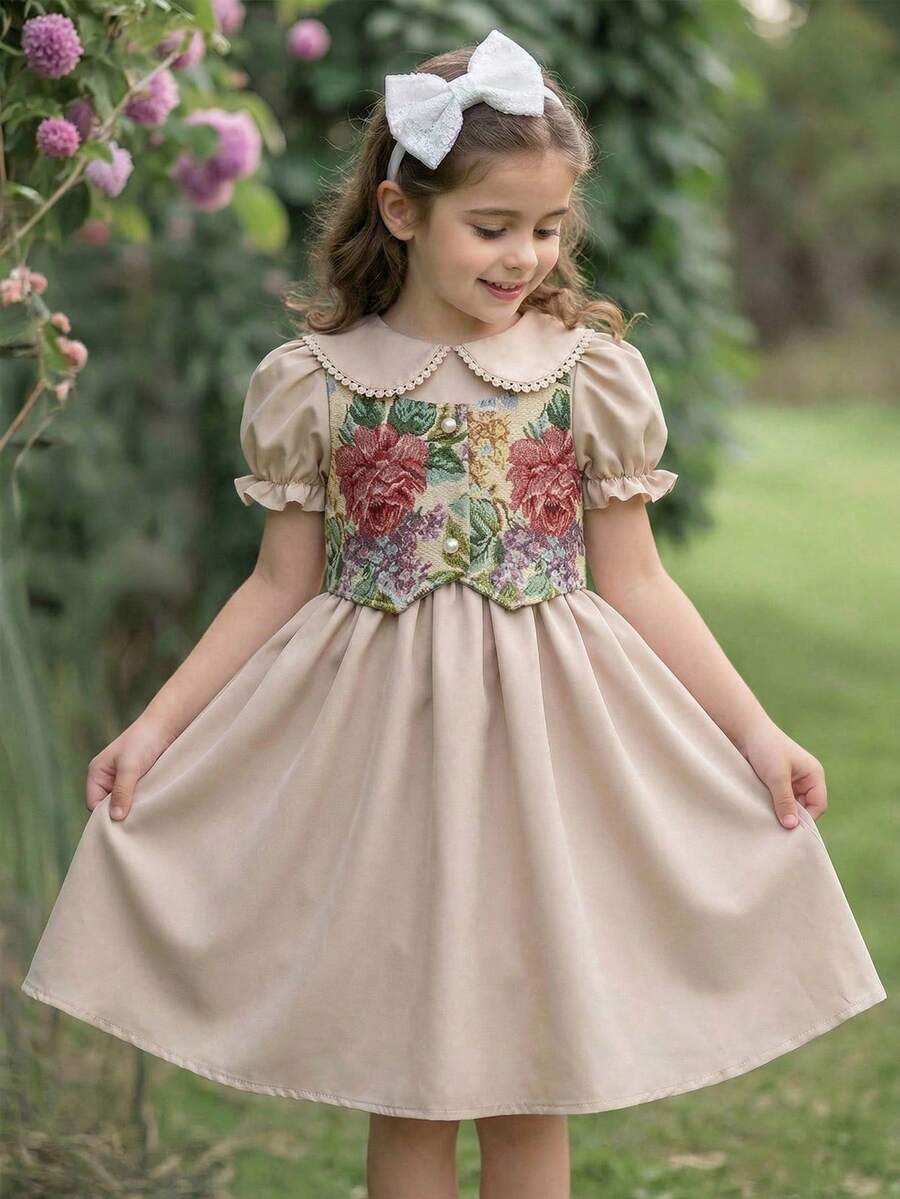 SHEIN 女童两件套:纯色高领流苏休闲连衣裙和碎花背心 - 卡其色 - 查看 1