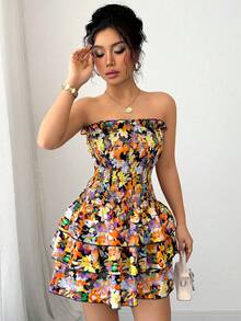 Elenzga Allover Floral Print Bustier Dress With Ruffle Hem, Sexy For Women - Multicolor - View 4