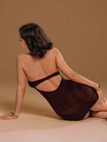 Aloruh Y2K性感派对俱乐部露背金属饰边紧身迷你裙，棕色，适合海滩度假 - 摩卡棕 - 查看 8