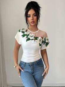 Elenzga Crew Neck Short Sleeve Fitted Elegant Floral Decor Summer T-Shirt - Apricot - View 6