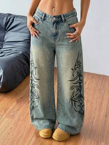 SHEIN PETITE 女士Y2K高腰阔腿牛仔裤，复古水洗蓝色印花宽松牛仔裤，带口袋，完美搭配街头风和Grunge风格服装。女士印花斜插口袋休闲百搭阔腿牛仔裤。 - 黑色 - 查看 5