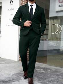 Manfinity Mode Men's Plus Size Solid Color Lapel Neck Single-Breasted Suit Blazer And Pants Set, Formal, Ceremony - Dark Green - View 3