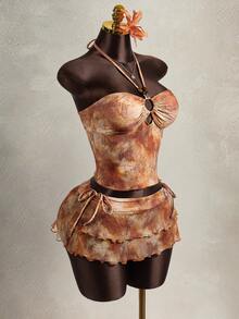 Zestiva 女士三件套泳装，扎染印花，串珠挂脖式领口，收腰设计，搭配多层吊带裙，夏季款 - 橘色 - 查看 4