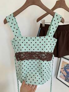 Comfortcana Women's Cute Polka Dot Brown Contrast Color Lace Sleeveless Top,Summer Fashion Green Polka Dot Blouse For Date,Beach,Holiday Casual Party Occasions - Green - View 4