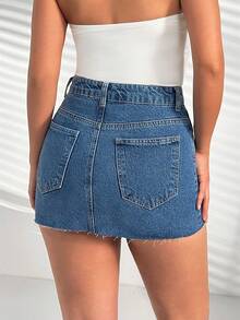SHEIN 女士低腰迷你牛仔裙 休闲街头风 毛边 - 中等水洗藍 - 查看 2