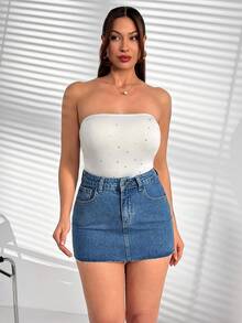 SHEIN 女士低腰迷你牛仔裙 休闲街头风 毛边 - 中等水洗藍 - 查看 3