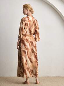 Ocili Comfortable Minimalist Chain Print Cotton Blend Robe With Tie Waist, Women Sleepwear, Chic Autumn - Red - View 3