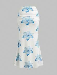 Rometta Körperbetonter Fischschwanz-Rock mit Blume Muster, elastisch, neuer französischer eleganter und vielseitiger Rock mit Designdetails, schicker reifer Fischschwanz-Rock für Frauen - Babyblau - Übersicht 2