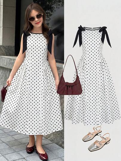 Firerie Kids 少女撞色蝴蝶结波点腰身连衣裙，休闲优雅时尚百搭，适合日常穿着，也适合参加典礼、派对等各种场合，新款女童连衣裙